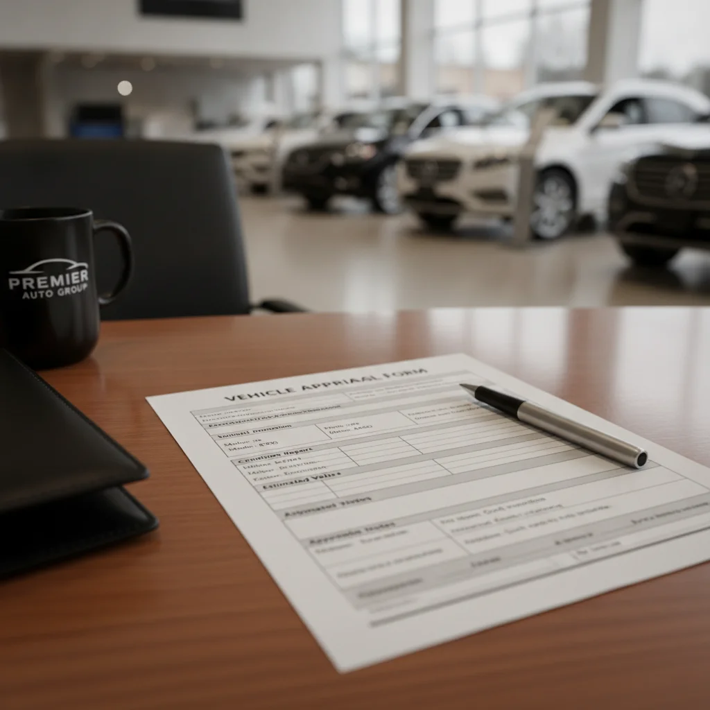 Dealer trade-in appraisal form on a desk inside a car dealership showroom