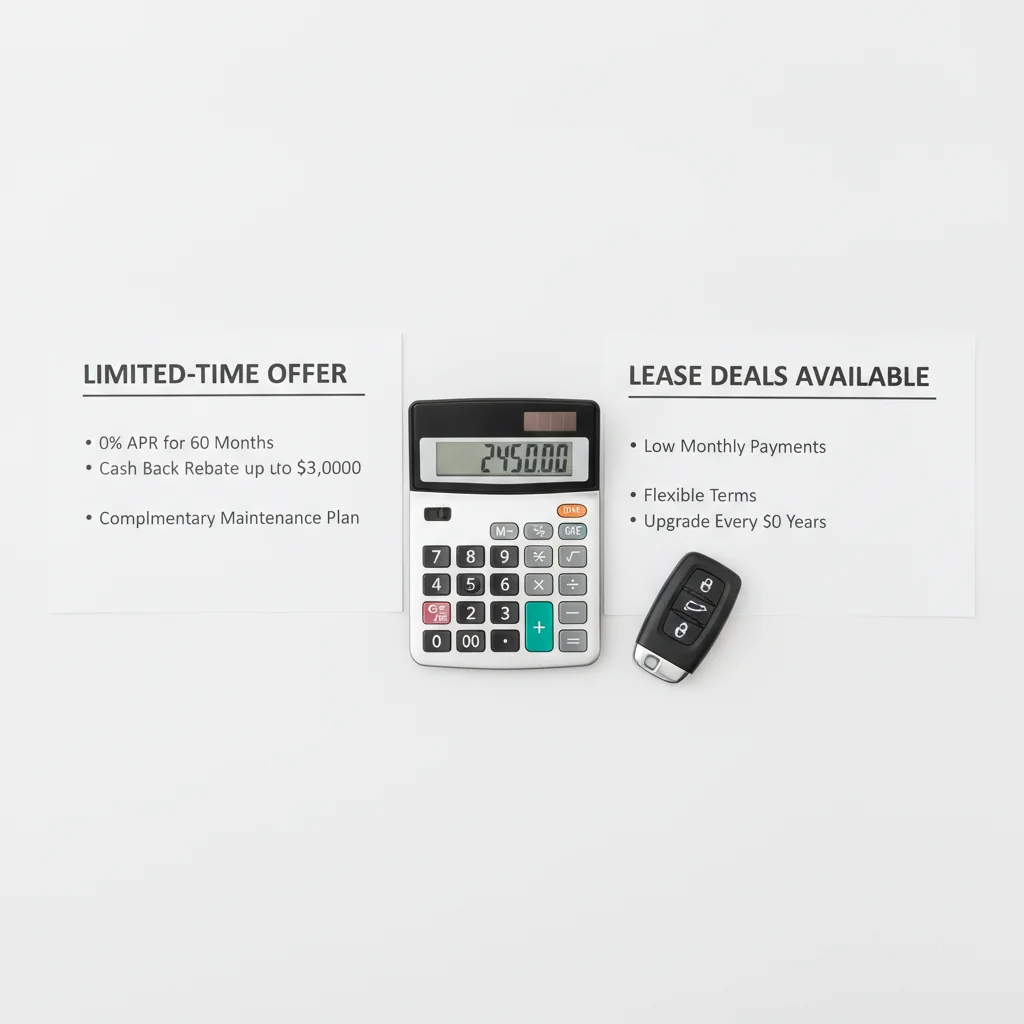 Two vehicle offer documents placed side by side with a calculator and car key on a white surface
