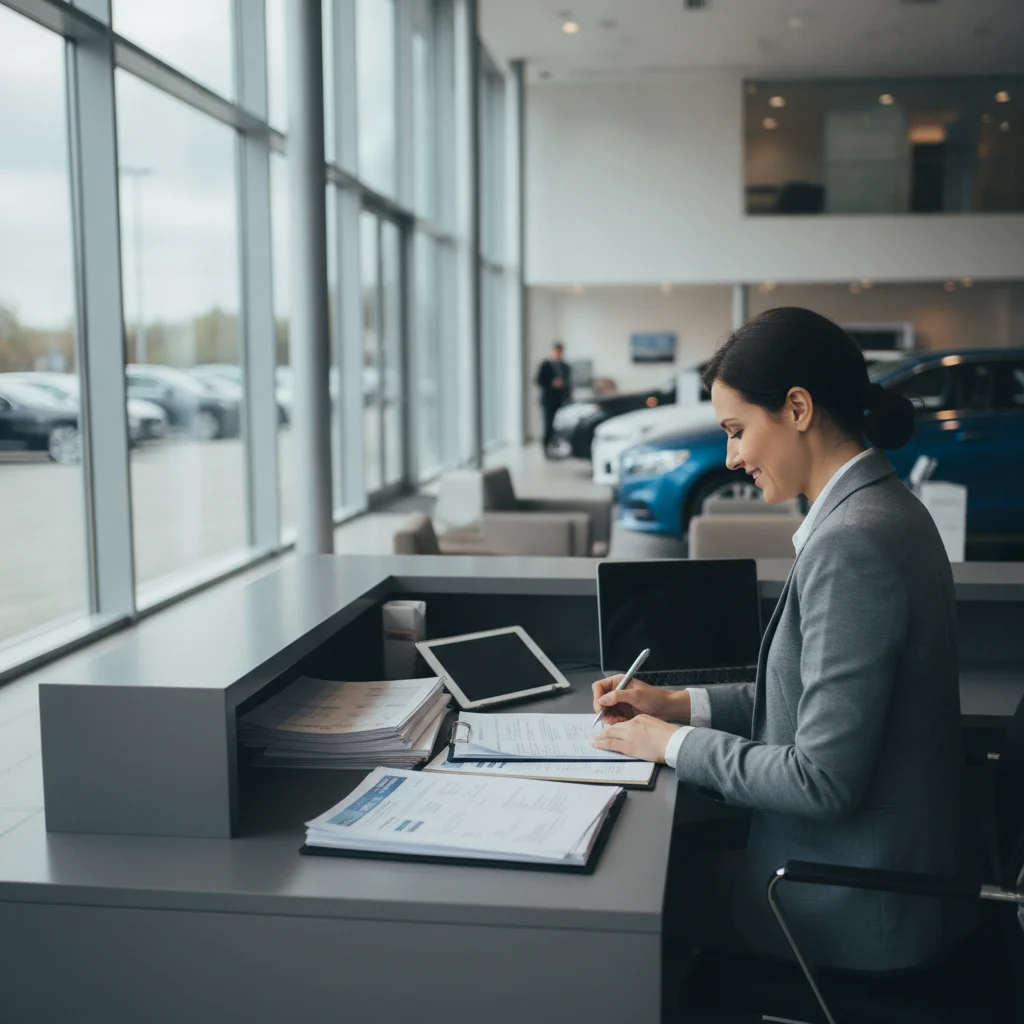 Vehicle seller reviewing final paperwork at a dealership finance desk before completing a trade-in