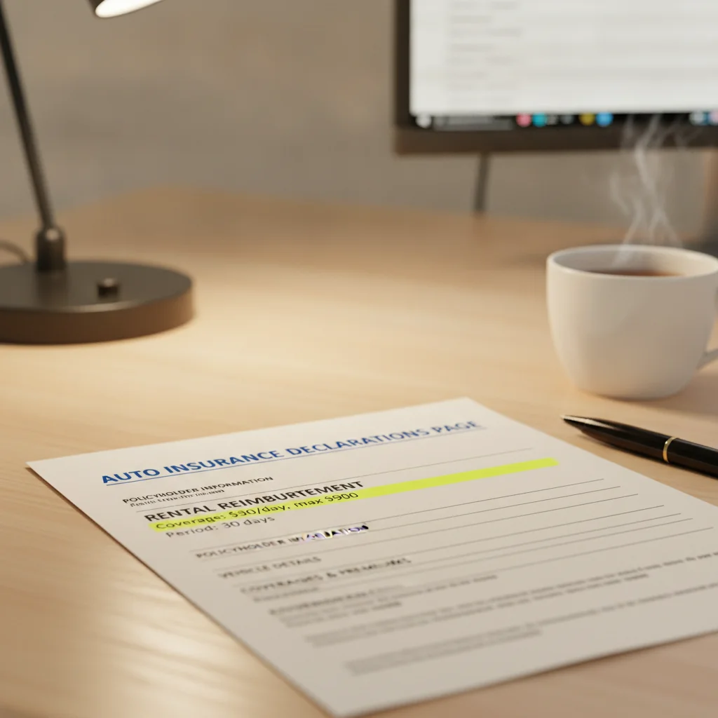 Insurance declarations page on a desk with rental reimbursement coverage section highlighted
