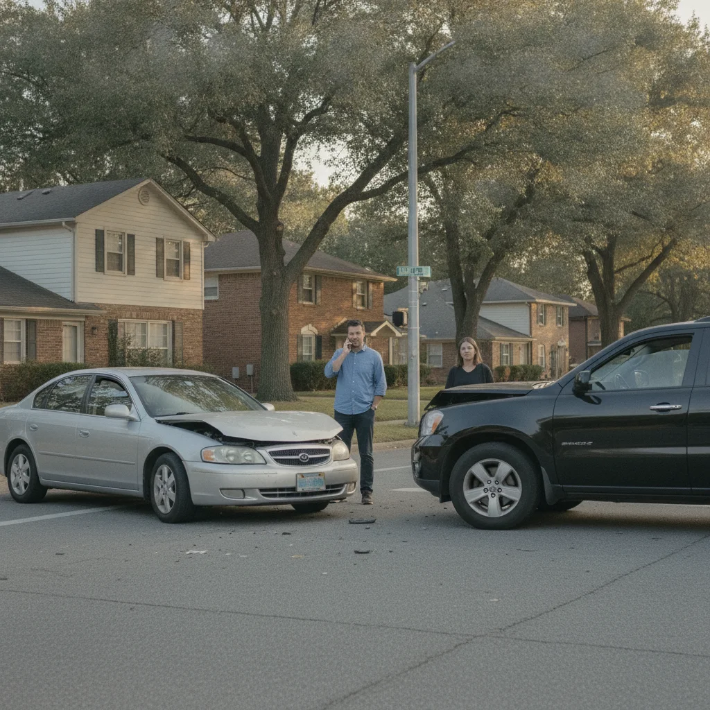Driver calmly making a phone call after a minor vehicle collision at an intersection