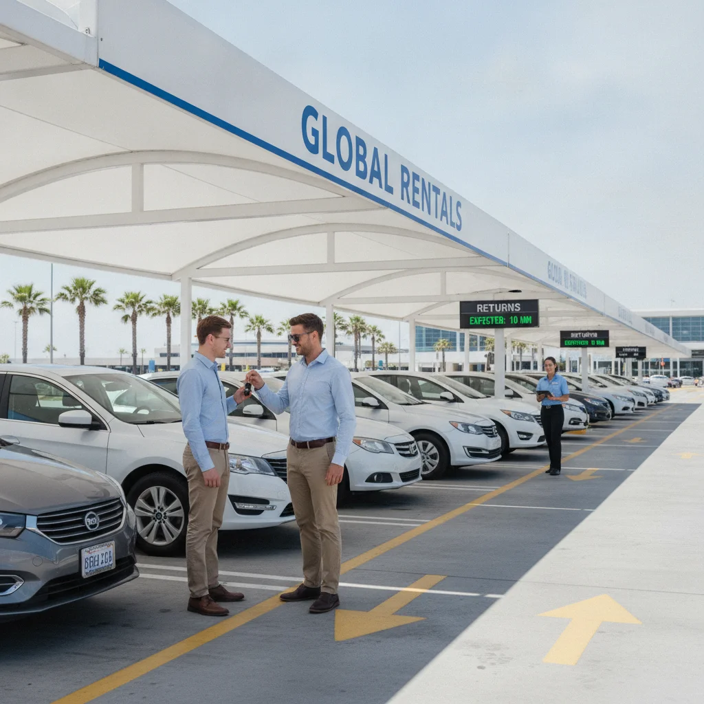 Person returning rental car keys to an agent at an outdoor rental return station