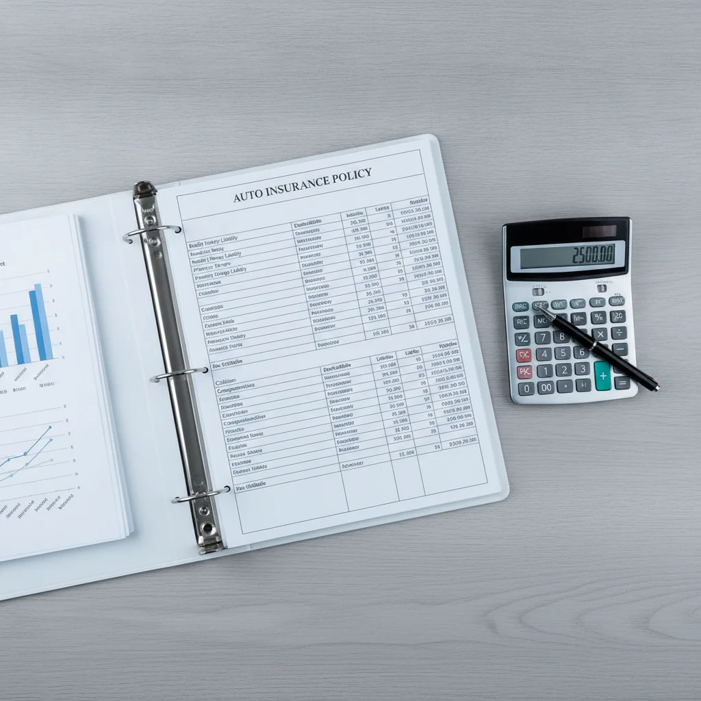 Open car insurance policy binder on a desk with a calculator and pen ready for a coverage audit