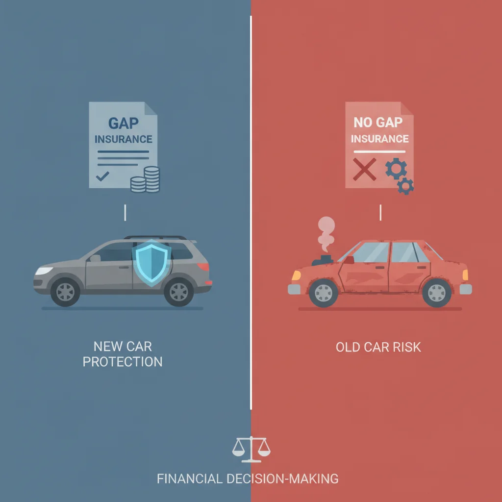 Split image showing a newer car with gap insurance document beside an older car with coverage being crossed out