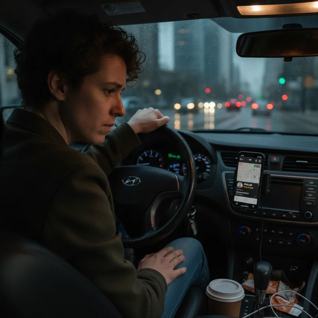 Driver in a car with a rideshare app displayed on a dashboard-mounted phone in an urban setting