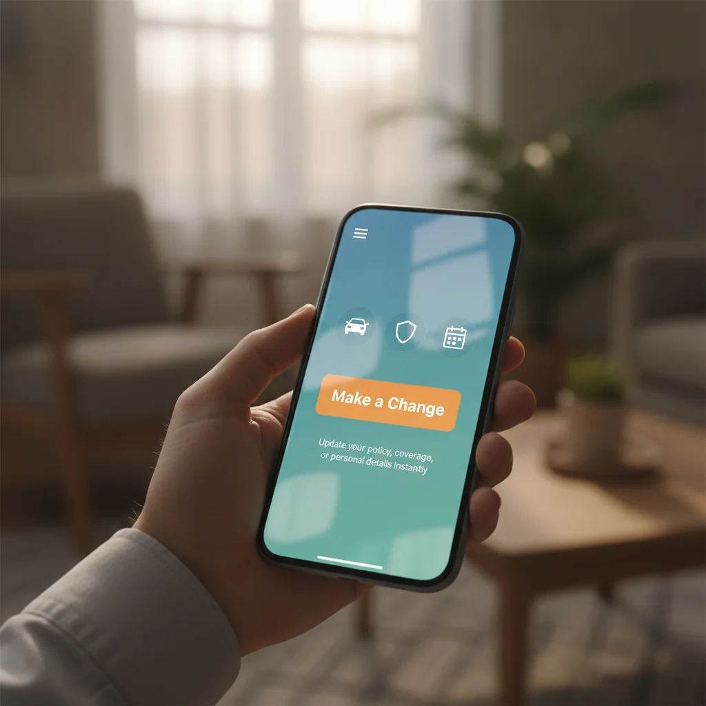 Hand holding a smartphone with an auto insurance app open showing a policy change option