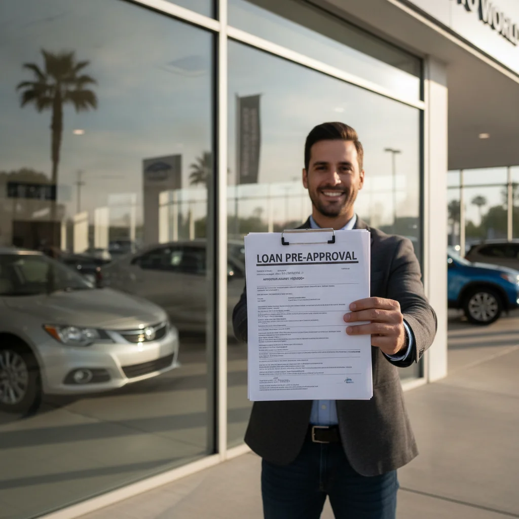 Person holding a printed auto loan preapproval document at a car dealership