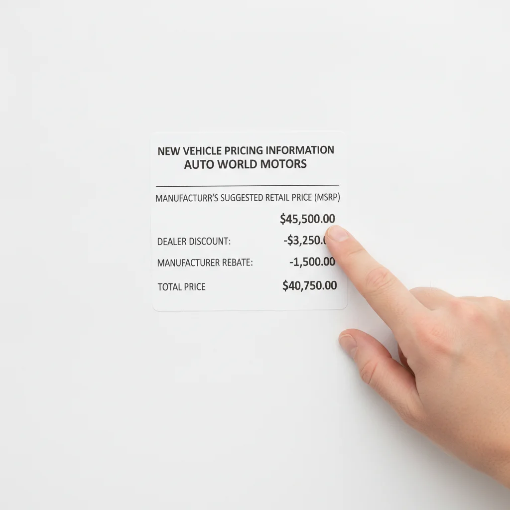 Close-up of a car window sticker showing MSRP, dealer discount, and manufacturer rebate amounts
