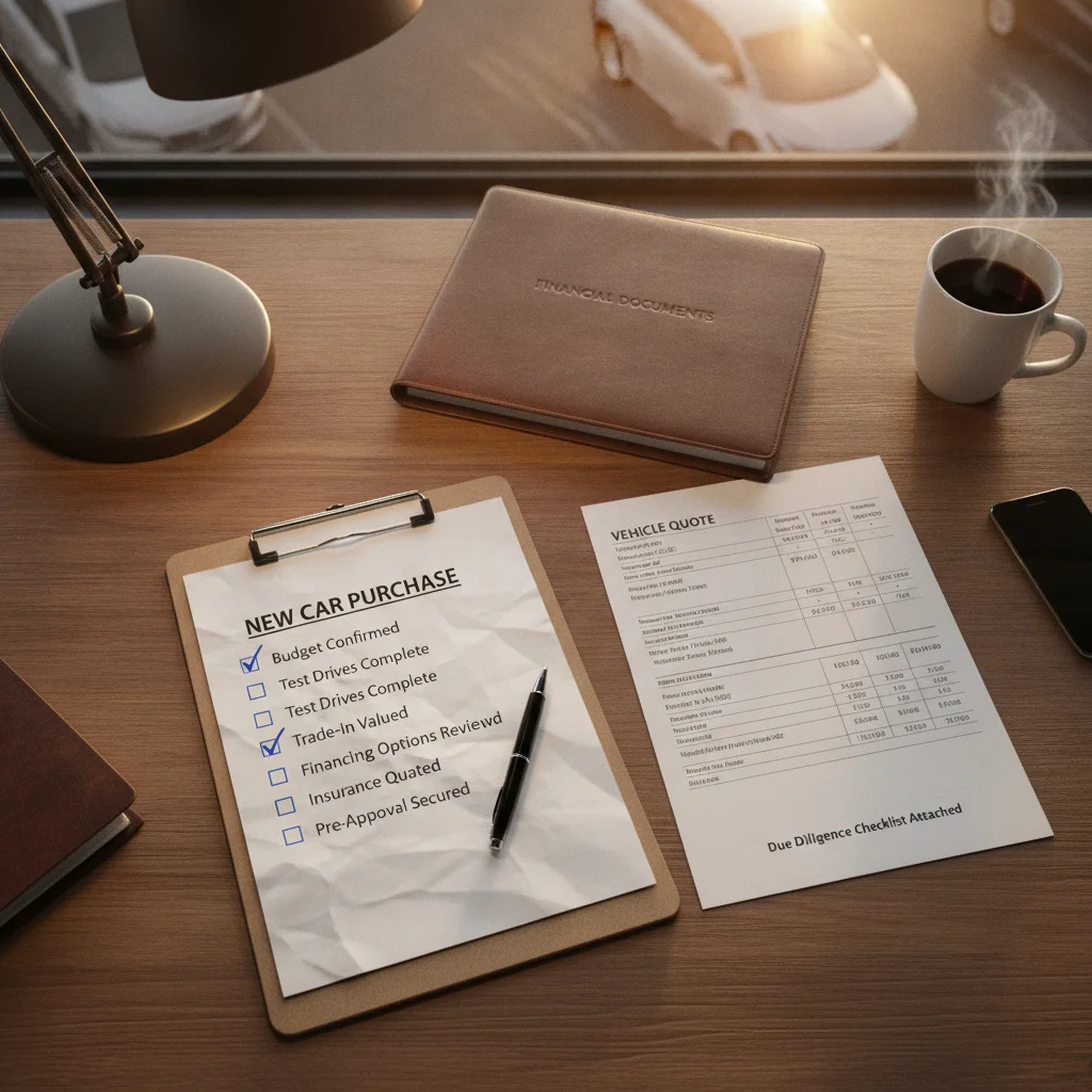 Checklist on clipboard next to a vehicle price quote sheet on a dealership desk