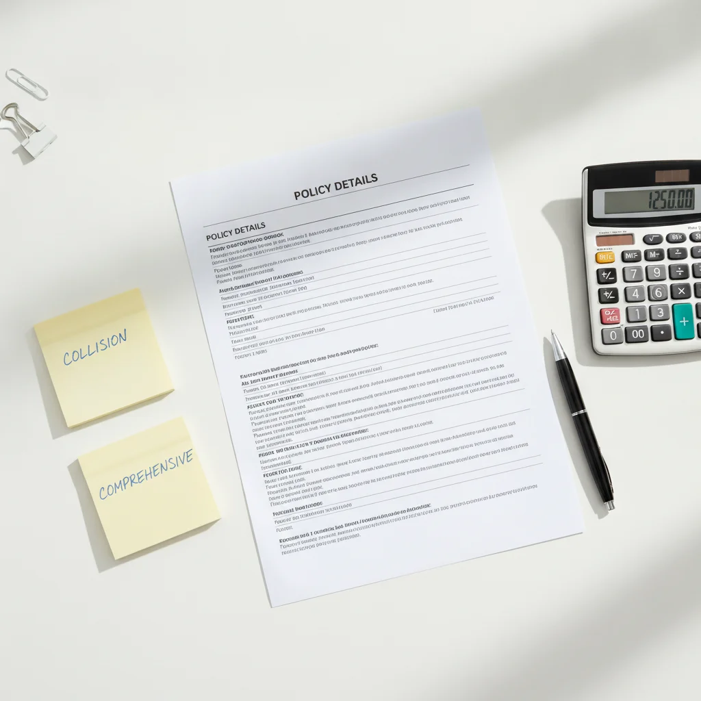 Auto insurance policy document with a calculator and sticky notes labeled collision and comprehensive on a white desk