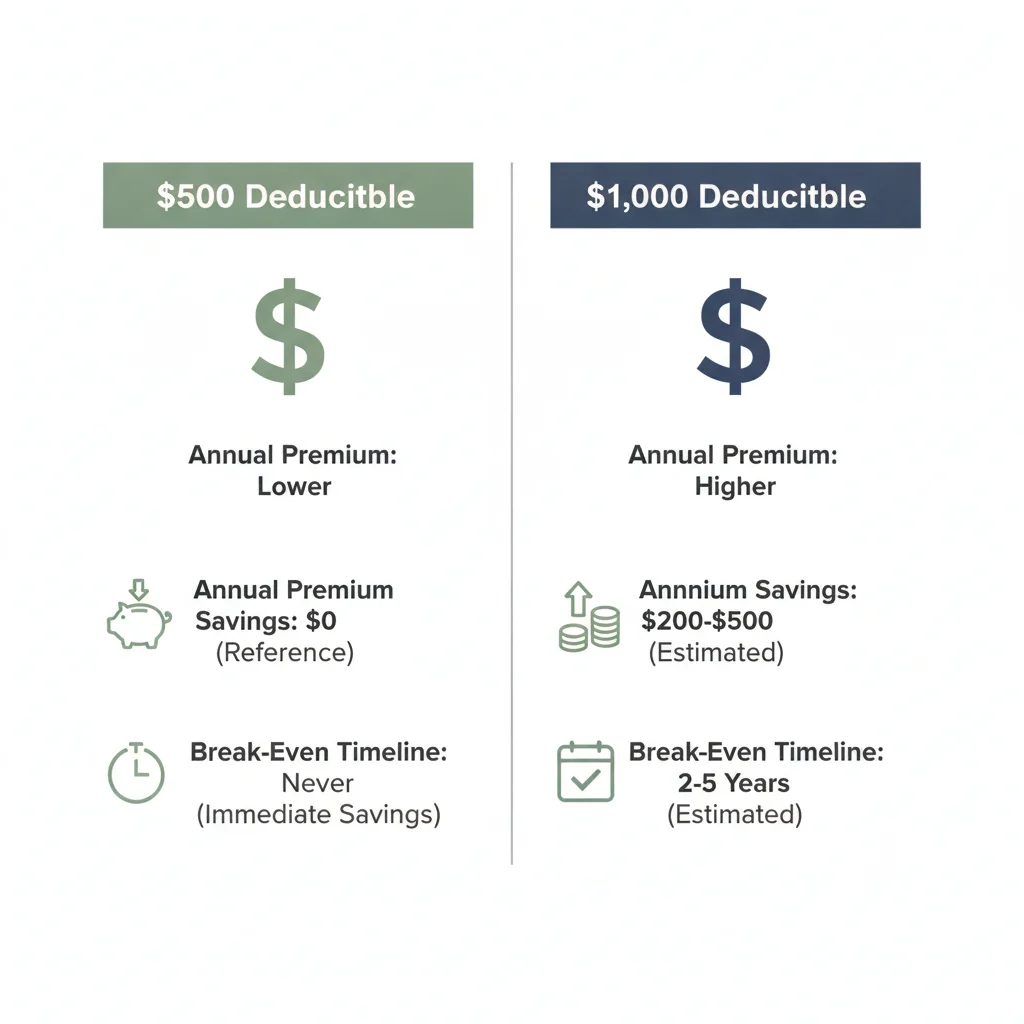 Infographic comparing $500 and $1,000 deductible options showing premium savings and break-even timelines