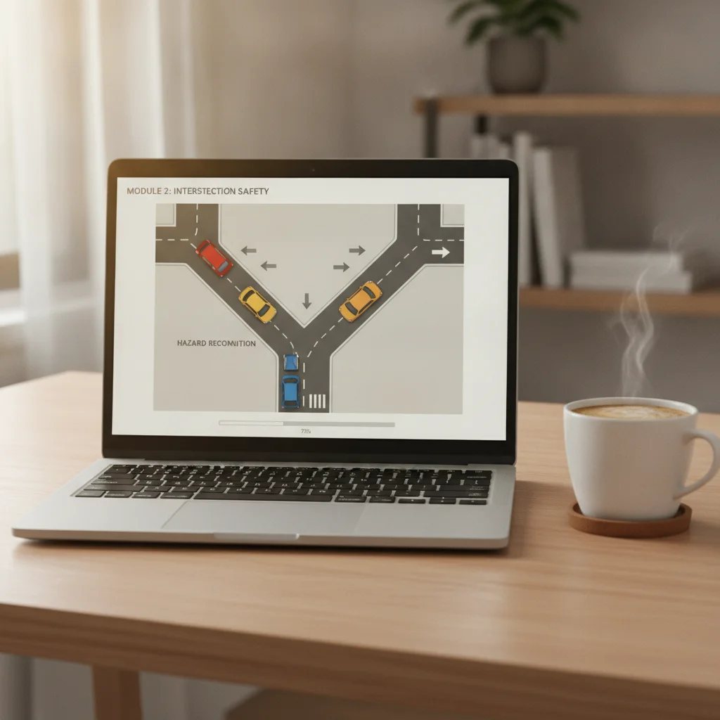 Laptop screen showing an online defensive driving course module with traffic hazard scenarios