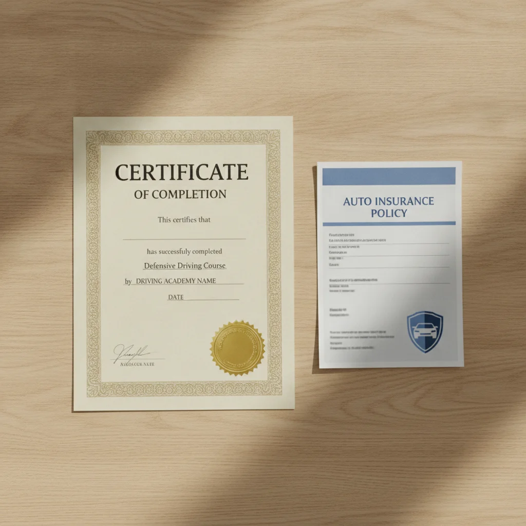 Defensive driving course completion certificate placed beside a car insurance policy document on a desk