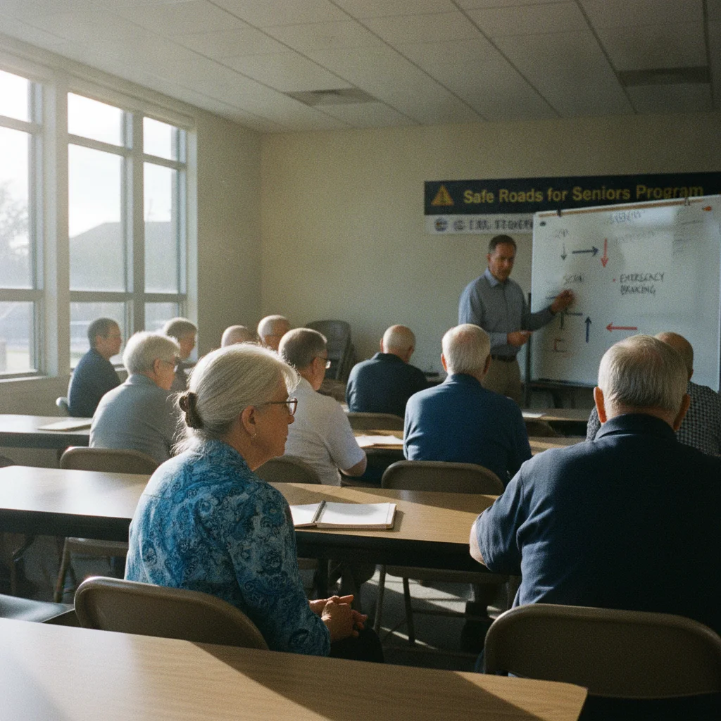Senior adult driver attending an in-person defensive driving classroom course led by an instructor