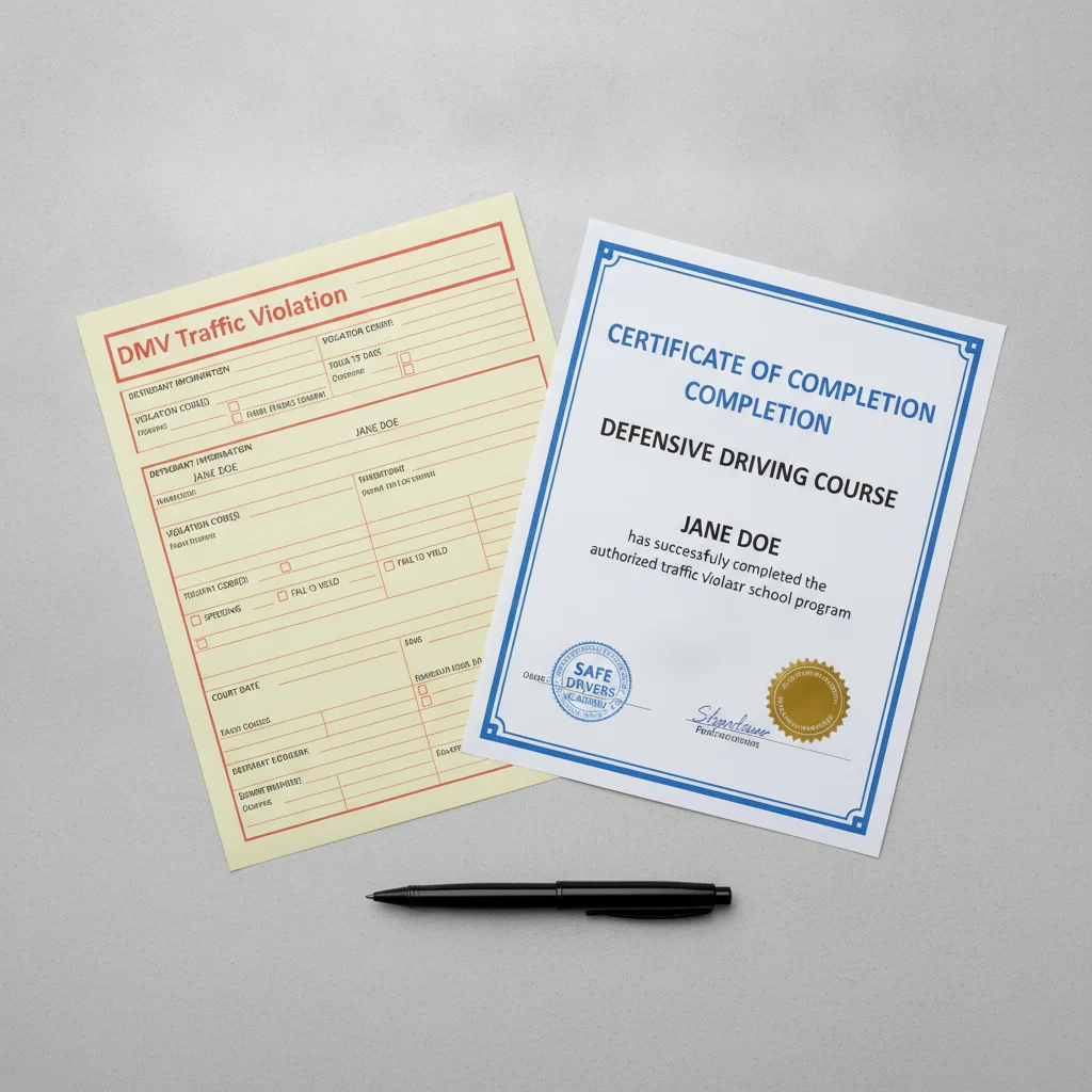 DMV traffic violation form placed next to a defensive driving course completion certificate