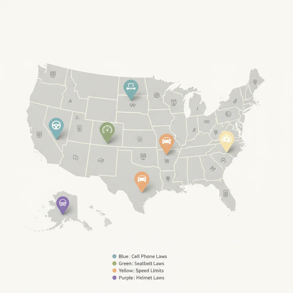 US map with colored markers showing different state rules for defensive driving course eligibility