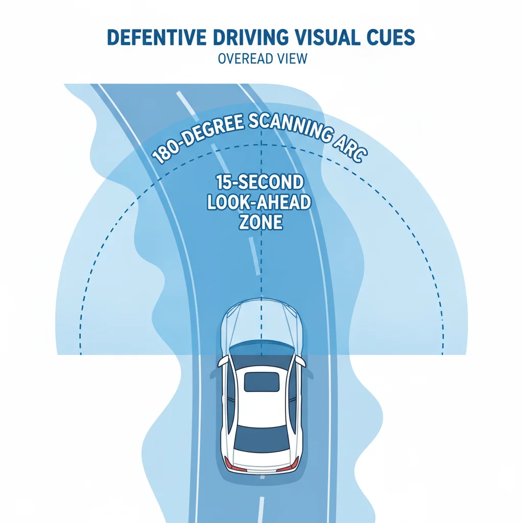 Diagram showing a car on a road with a 15-second forward look-ahead zone and wide lateral scanning arc illustrated