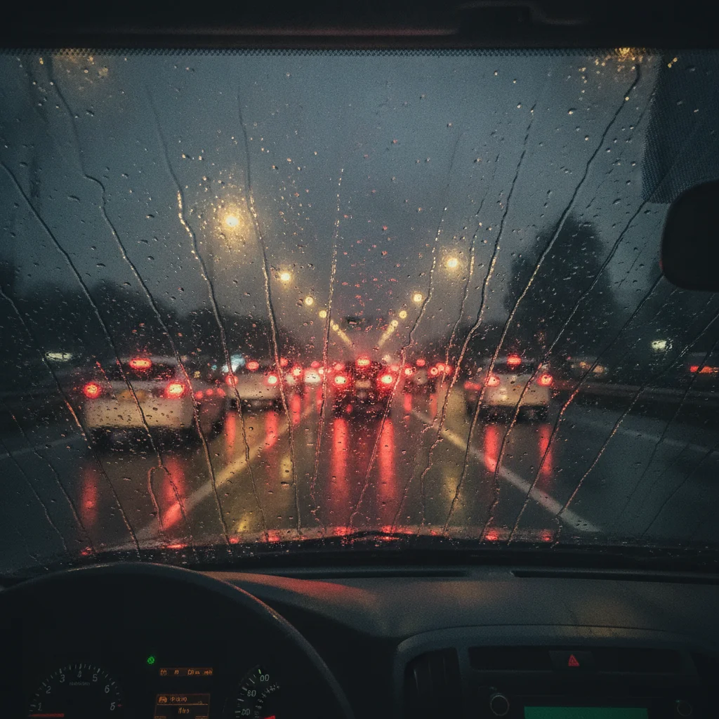 Driver's view of a rainy nighttime highway with wet pavement reflections and taillights of nearby vehicles visible
