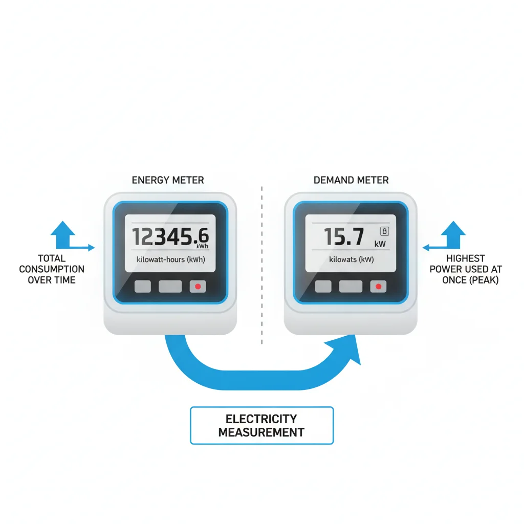 Infographic diagram comparing kilowatt-hour energy measurement with kilowatt peak demand measurement on utility meters