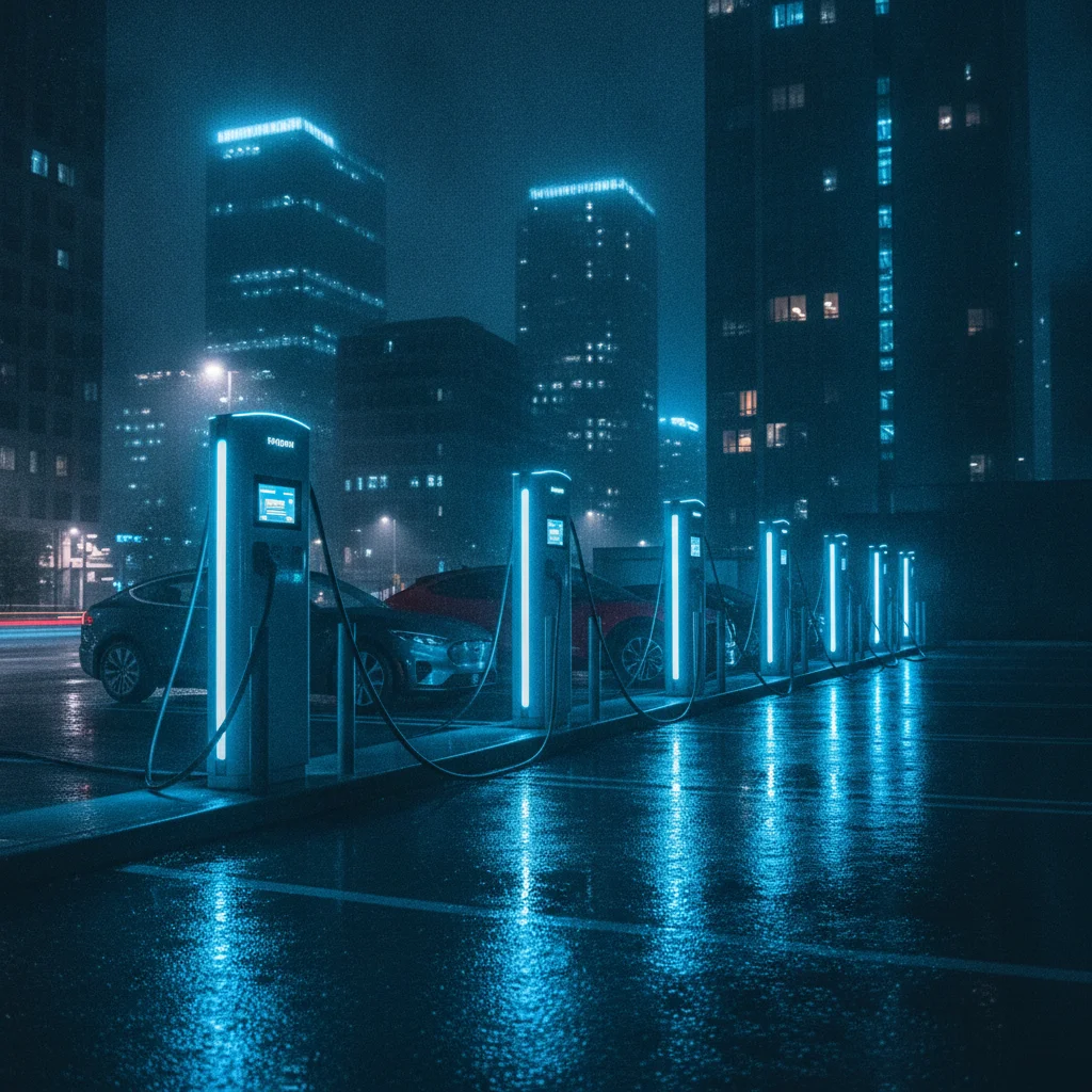 Public DC fast-charging station at night with multiple chargers illuminated and electric vehicles plugged in
