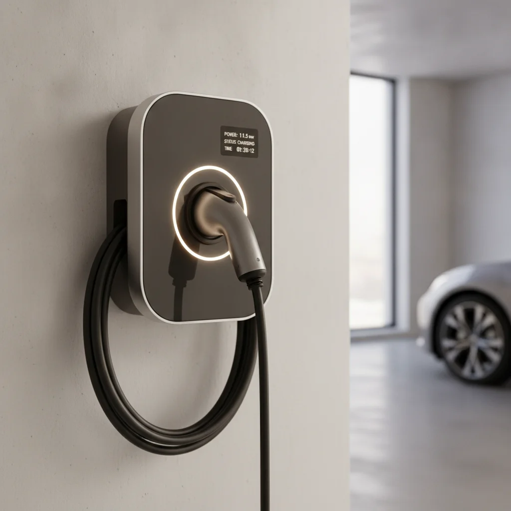 Smart Level 2 home EV charger mounted on garage wall with digital display showing kilowatt output reading