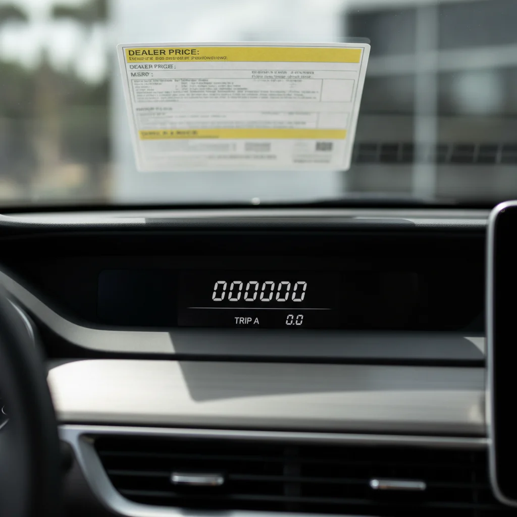 Car odometer at zero miles next to a dealership price sticker representing the start of depreciation
