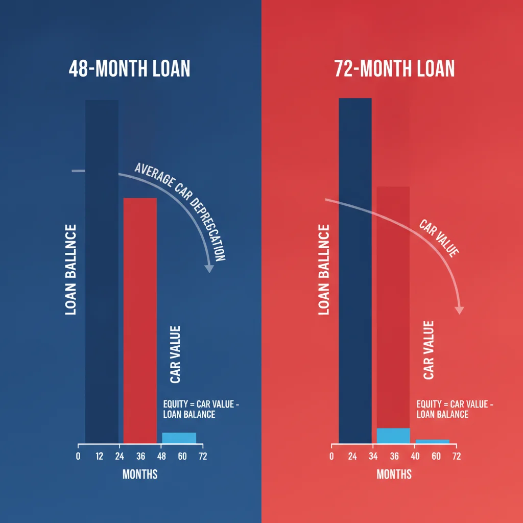 Bar chart comparison of 48-month versus 72-month auto loan principal paydown versus vehicle depreciation rate
