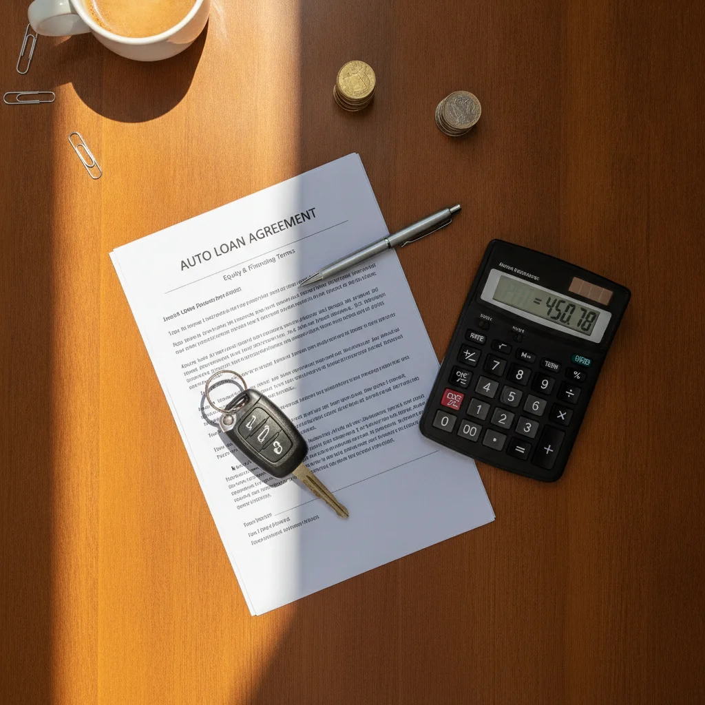 Car keys, auto loan documents, and a calculator on a desk representing auto loan planning and equity decisions