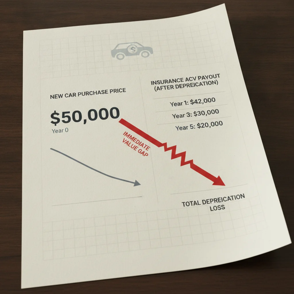 Chart comparing new car purchase price to depreciated actual cash value insurance payout