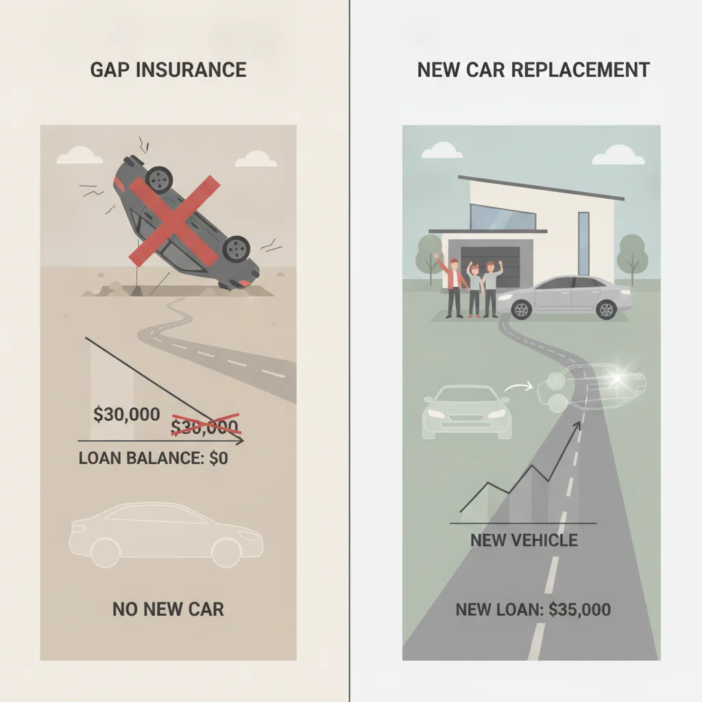 Comparison of gap insurance outcome versus new car replacement coverage outcome after total loss