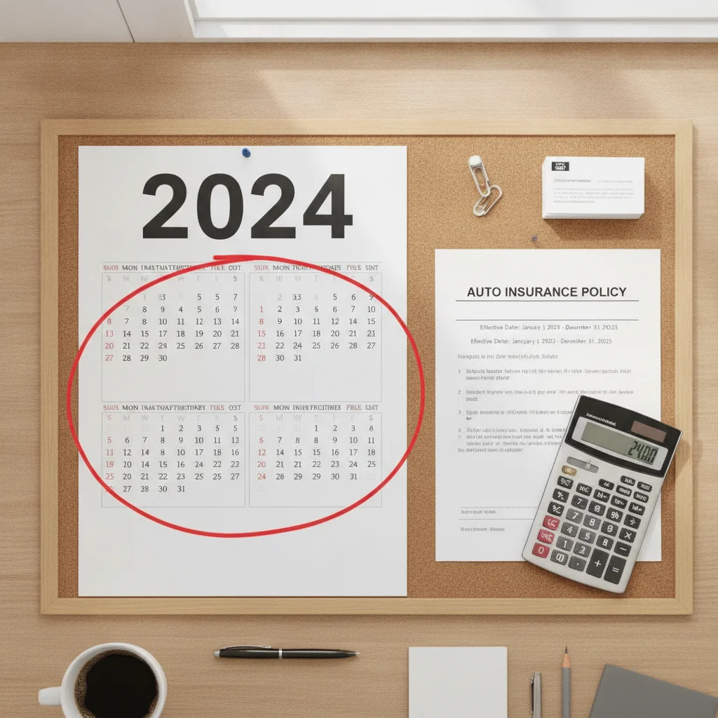 Calendar marking two-year vehicle anniversary next to auto insurance documents and calculator