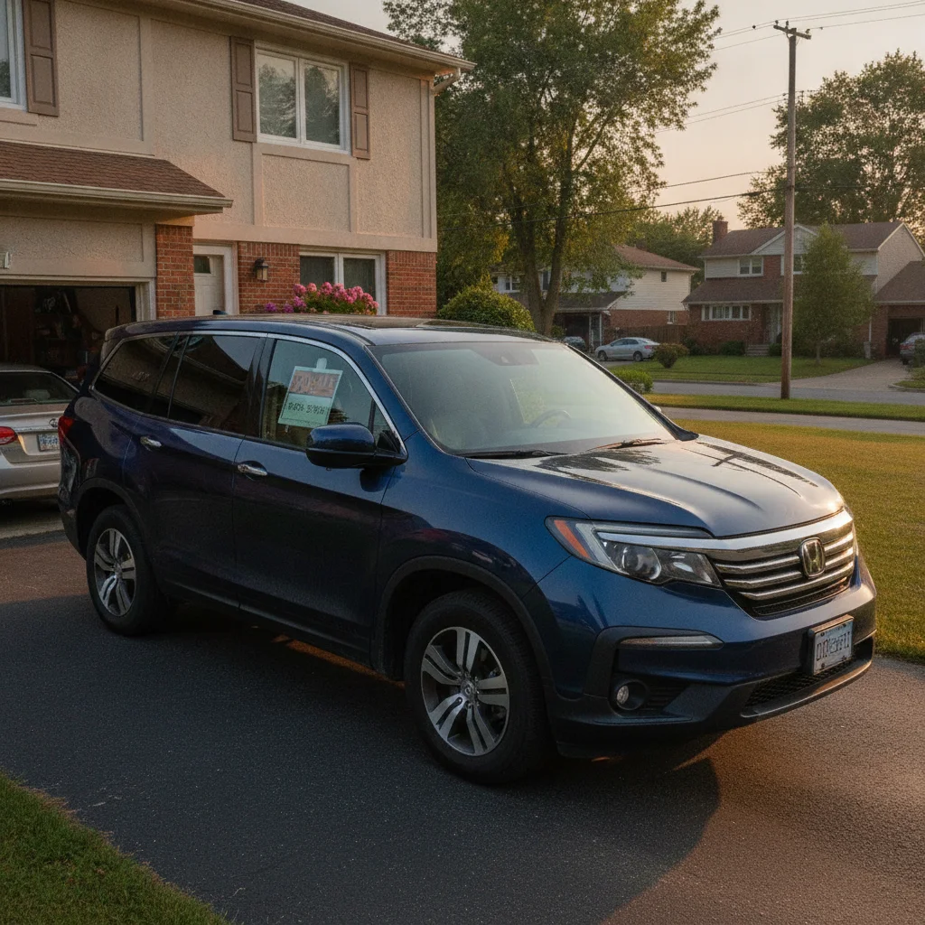 A family SUV with a for-sale sign parked in a suburban driveway at golden hour