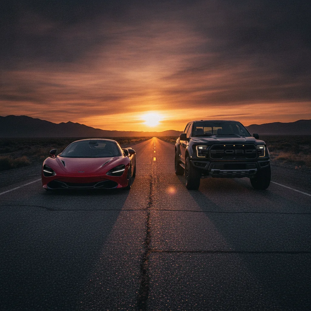 A sports car and a pickup truck parked side by side on an open road at dusk