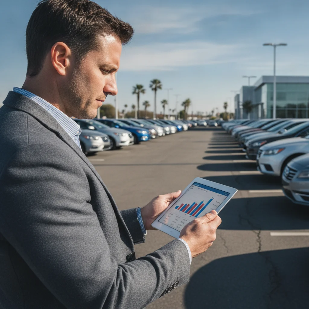 Person reviewing vehicle valuation data on a tablet while standing in a car dealership lot