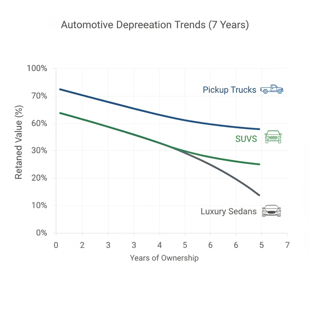 Graph showing depreciation curves over seven years for luxury sedans, SUVs, and pickup trucks
