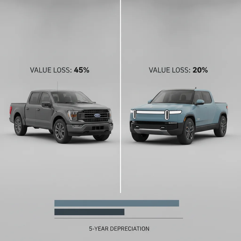 A pickup truck and an electric vehicle side by side with depreciation percentage overlays showing different rates