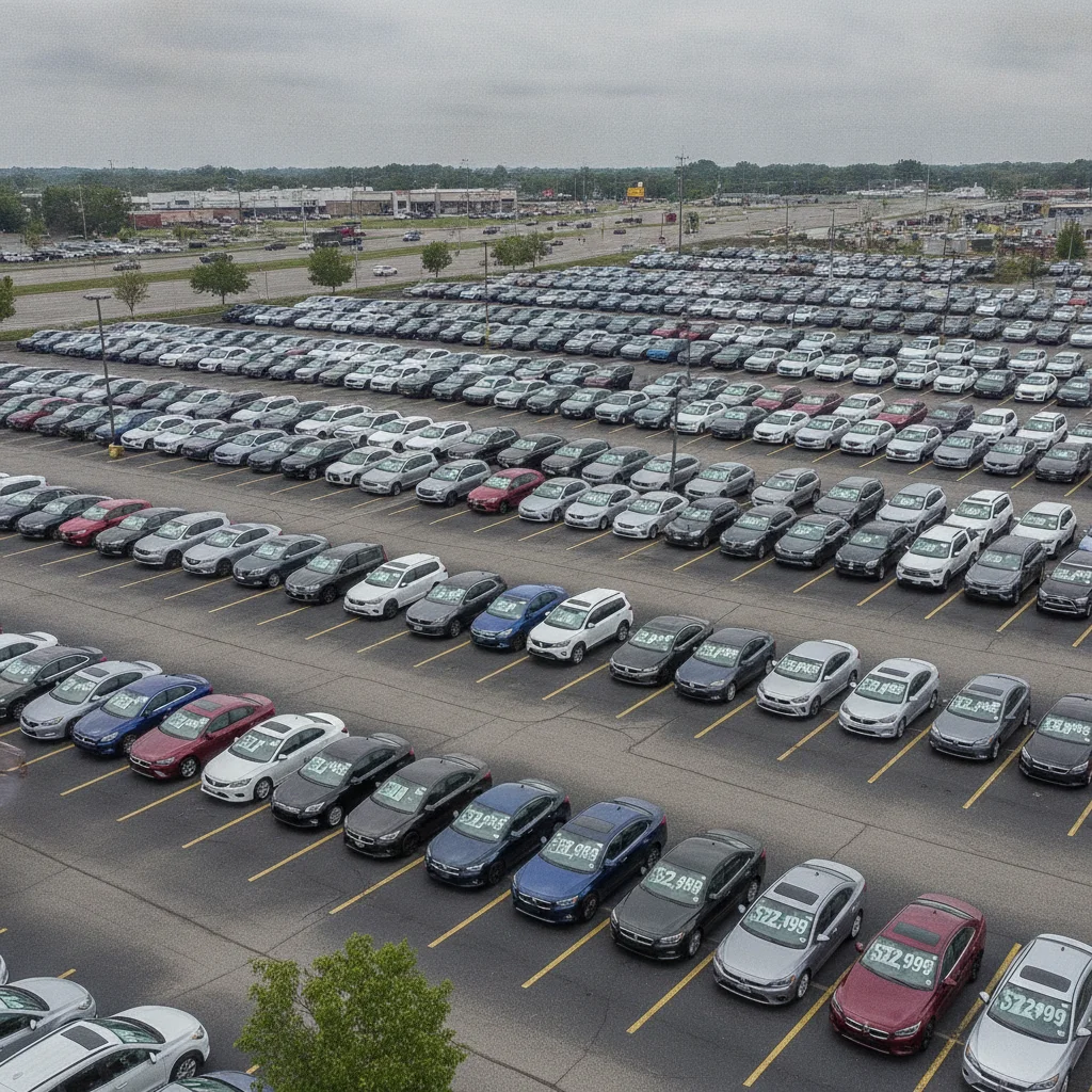 Overhead view of a car lot with multiple vehicles and price stickers on windshields