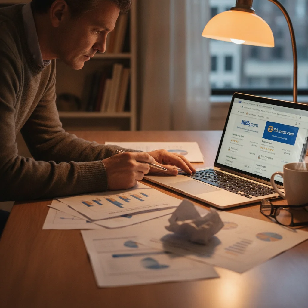 Car buyer comparing KBB and Edmunds valuation reports on paper and laptop screen