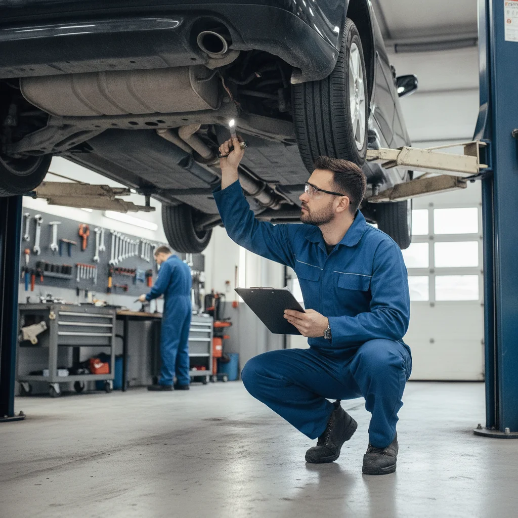 Mechanic with clipboard inspecting the undercarriage of a used car on a lift in a garage