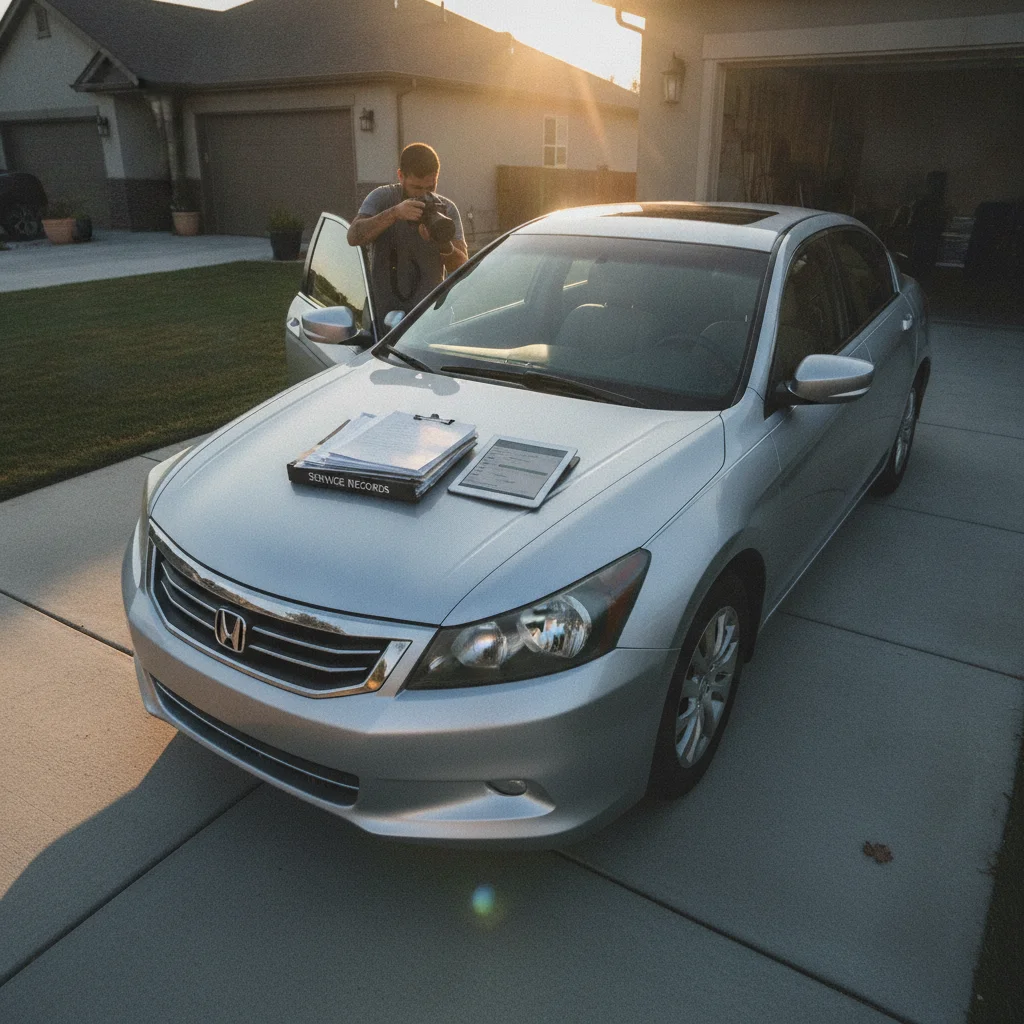 Used car being photographed for private sale with service records displayed on hood in golden hour light
