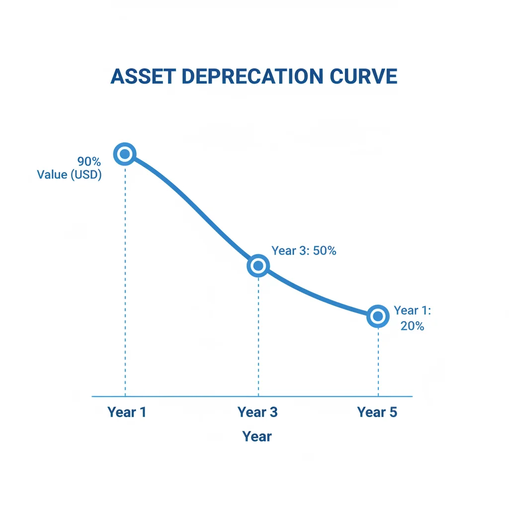 A depreciation curve graph showing value retained at years one, three, and five on a clean chart.