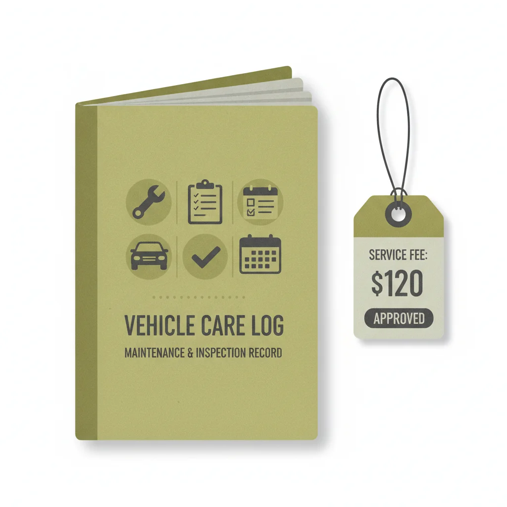 A vehicle service record folder and condition checklist next to a price tag, representing factors that affect resale value.