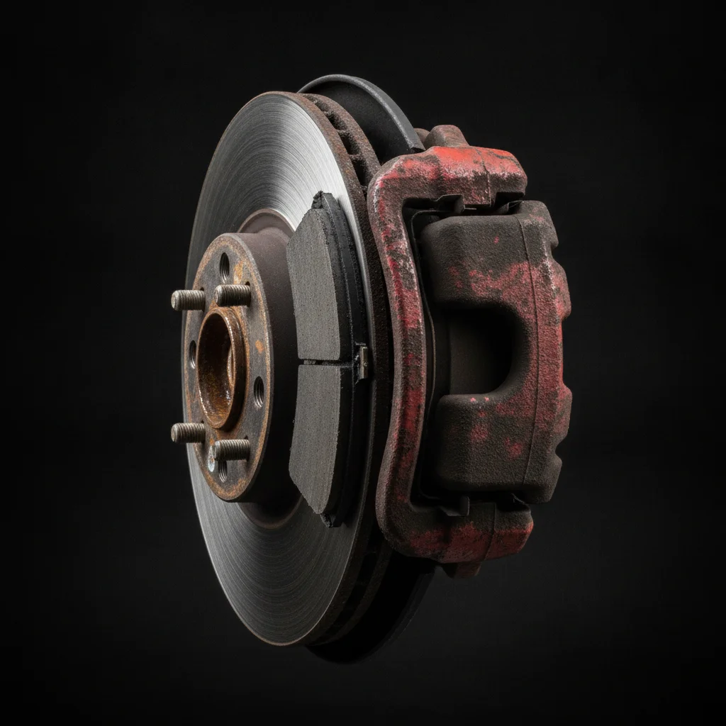 Close-up of worn brake pad and rotor assembly showing minimal pad thickness remaining on the rotor surface.