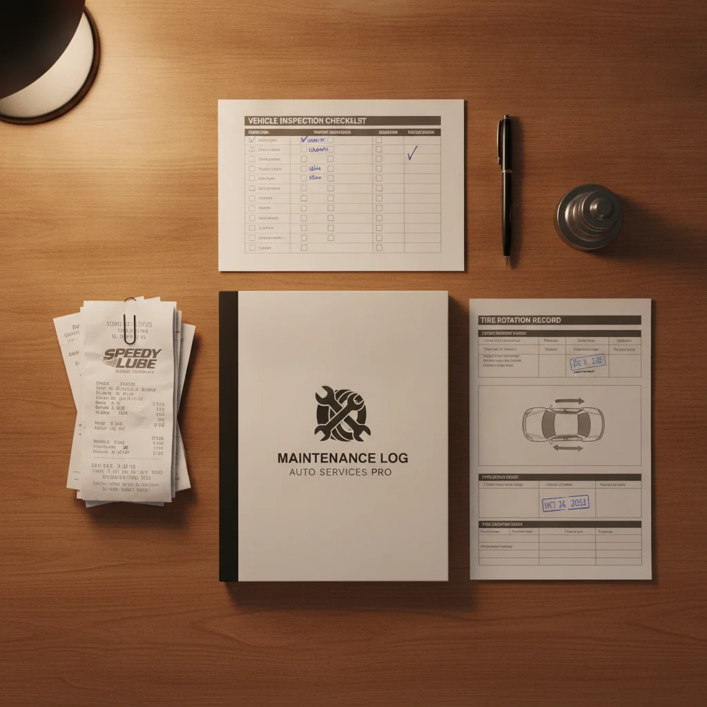 Organized collection of vehicle service records and maintenance receipts laid out on a desk surface.