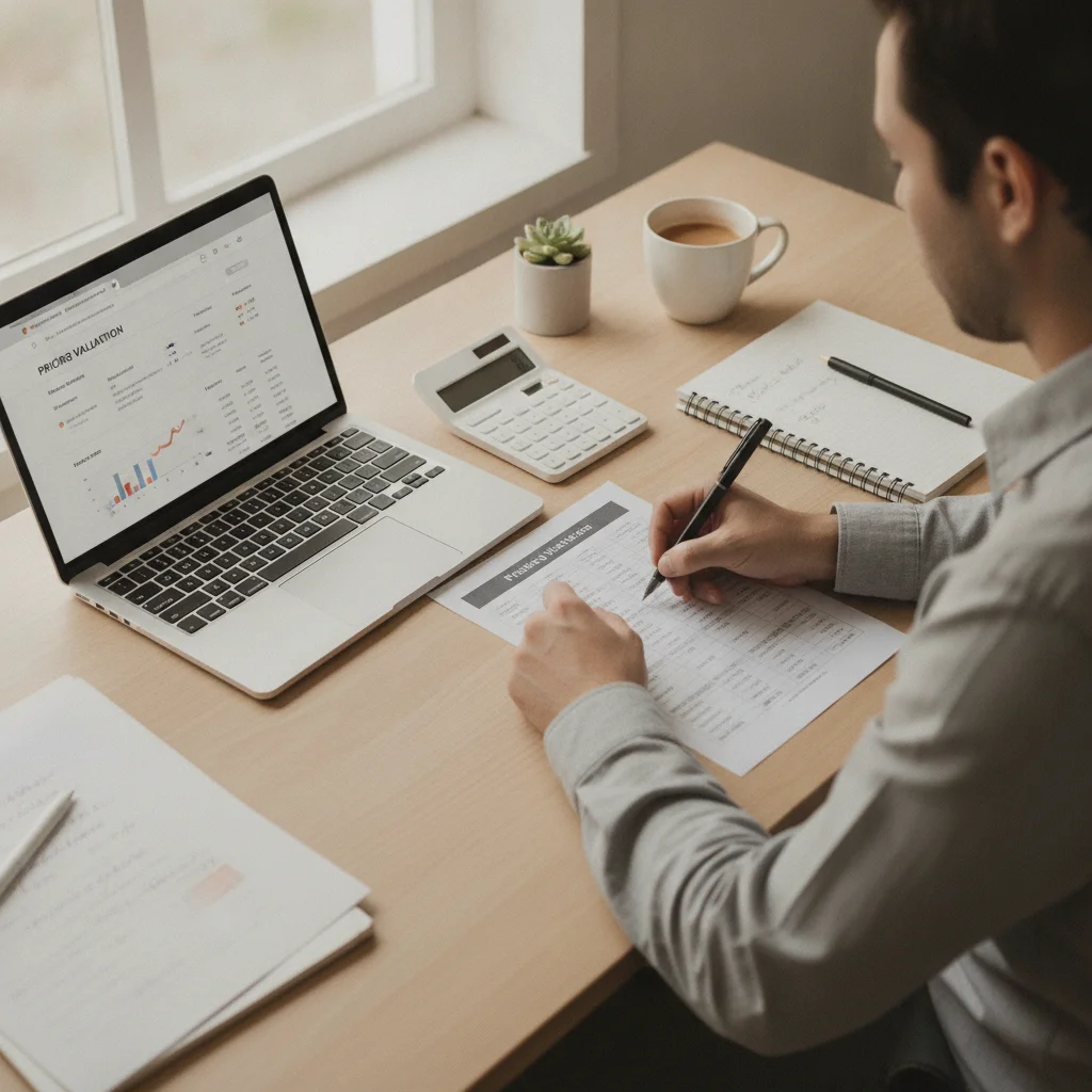 Person working through vehicle pricing calculation at desk with laptop showing car valuation tool and handwritten notes.