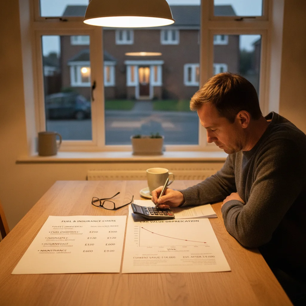 Car owner comparing visible monthly costs document against a vehicle depreciation value chart