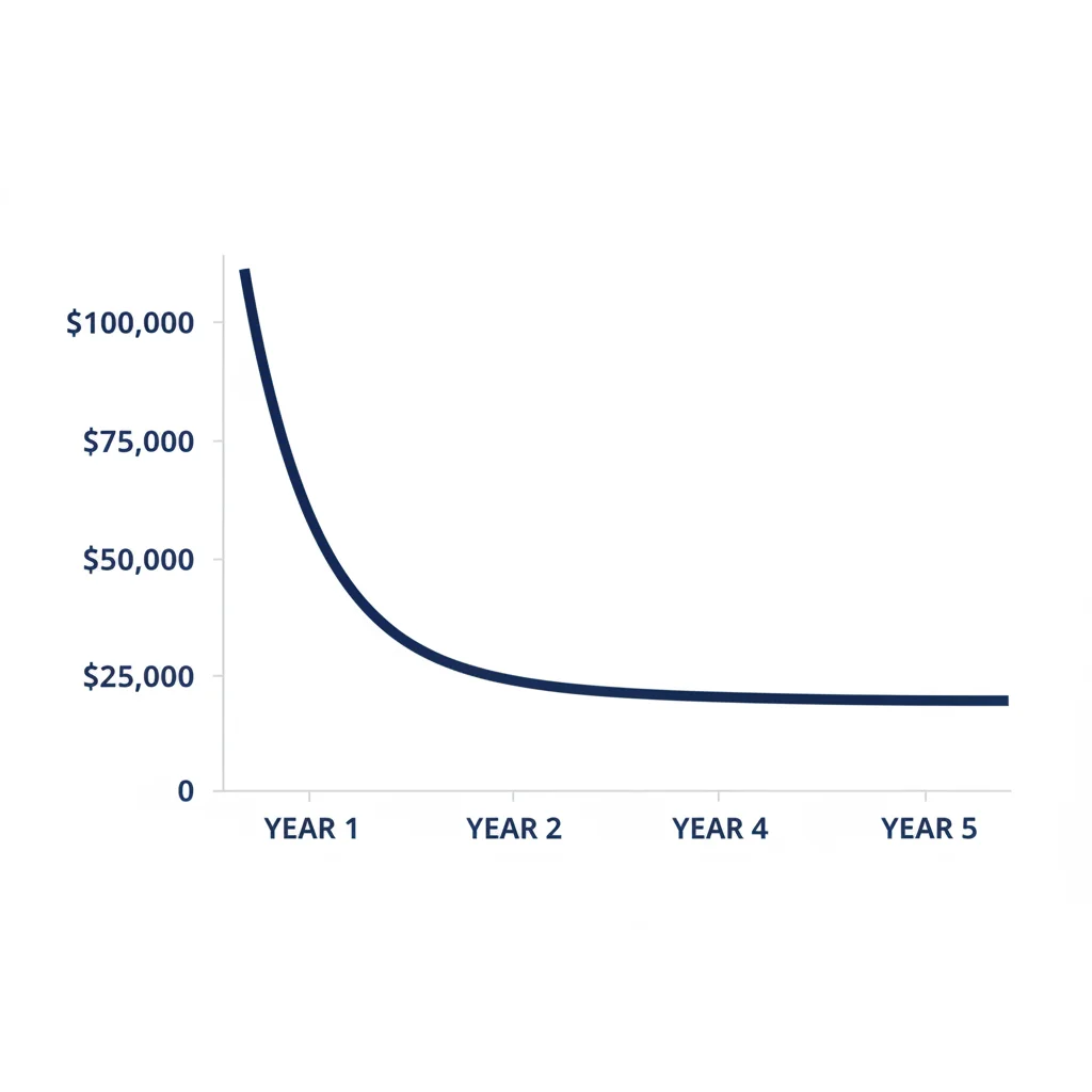 Depreciation curve graph showing steep value loss in years one to three flattening in later years