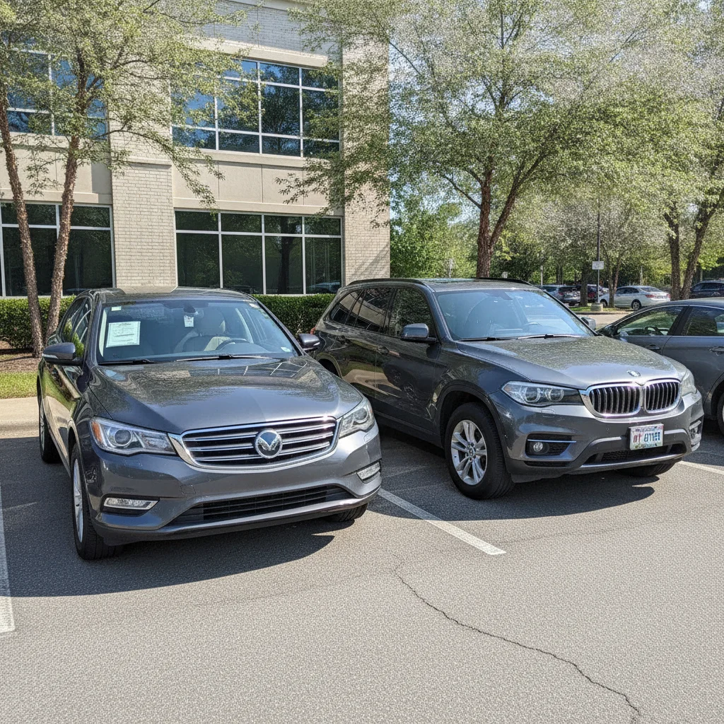 New SUV with window sticker parked beside a three-year-old used version of the same model