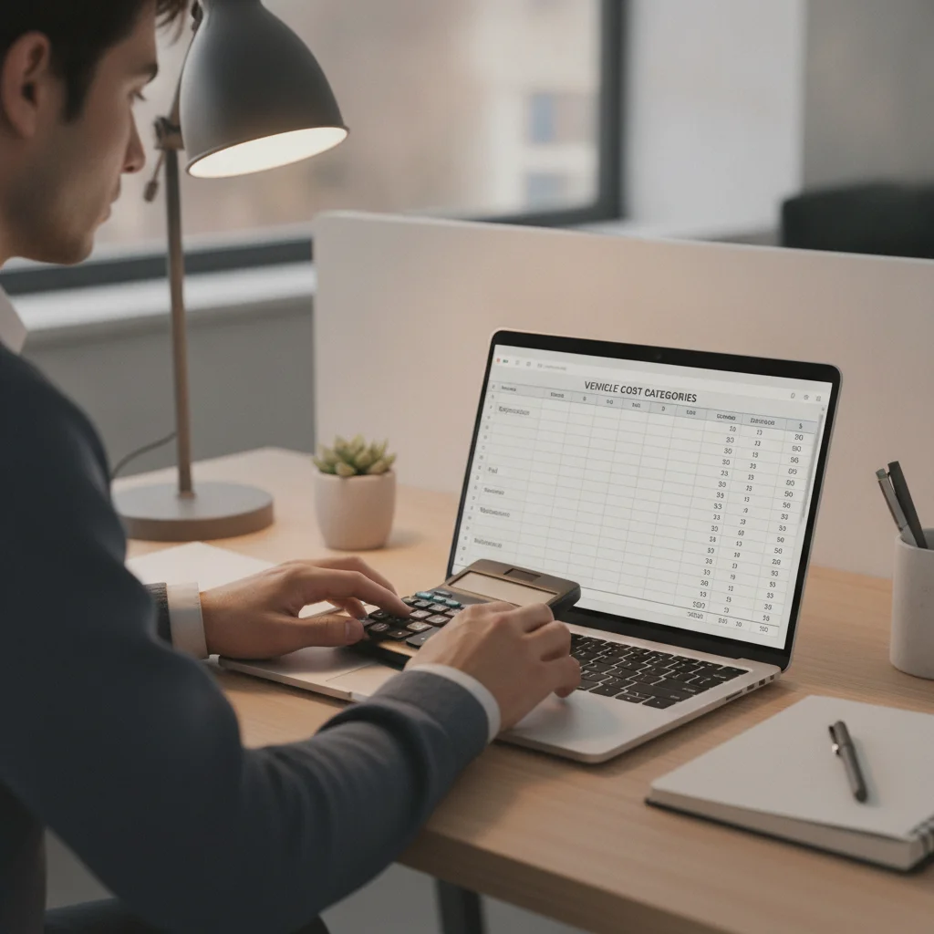 Person calculating total vehicle ownership costs using spreadsheet with depreciation and out-of-pocket expense categories