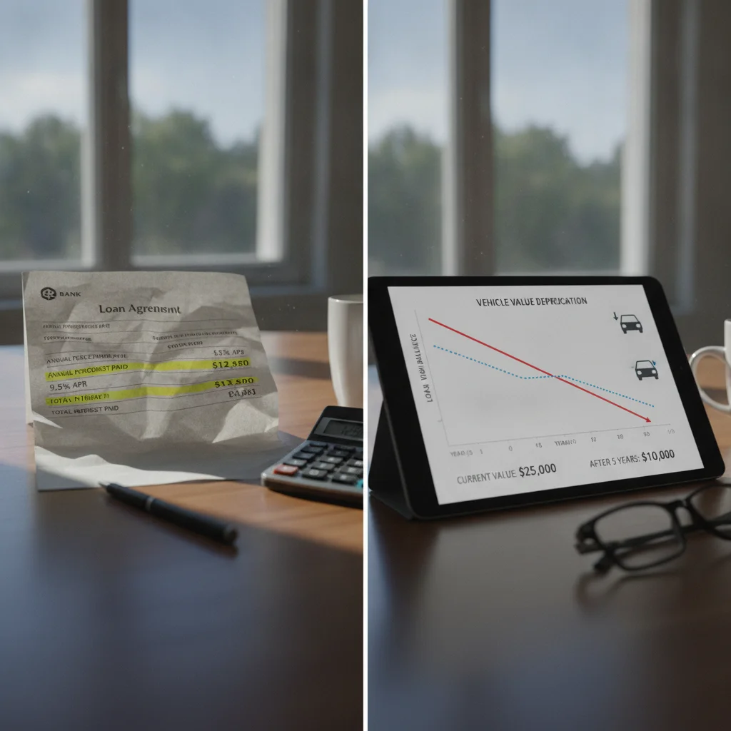 Car loan documents alongside a declining vehicle value chart illustrating the underwater loan risk